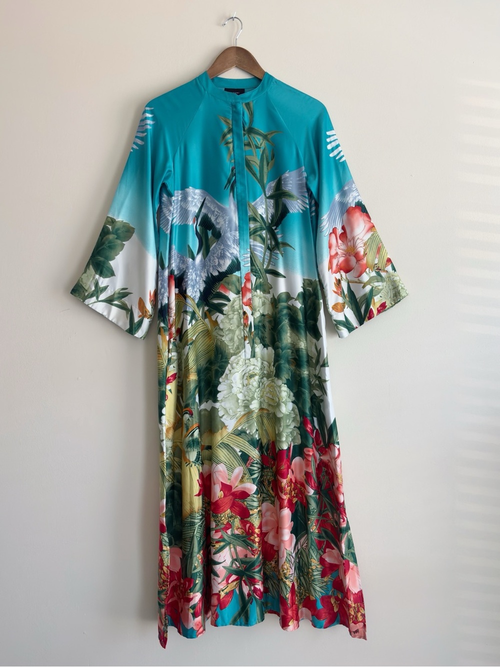 Natori Crane Satin Zip Front Caftan XS